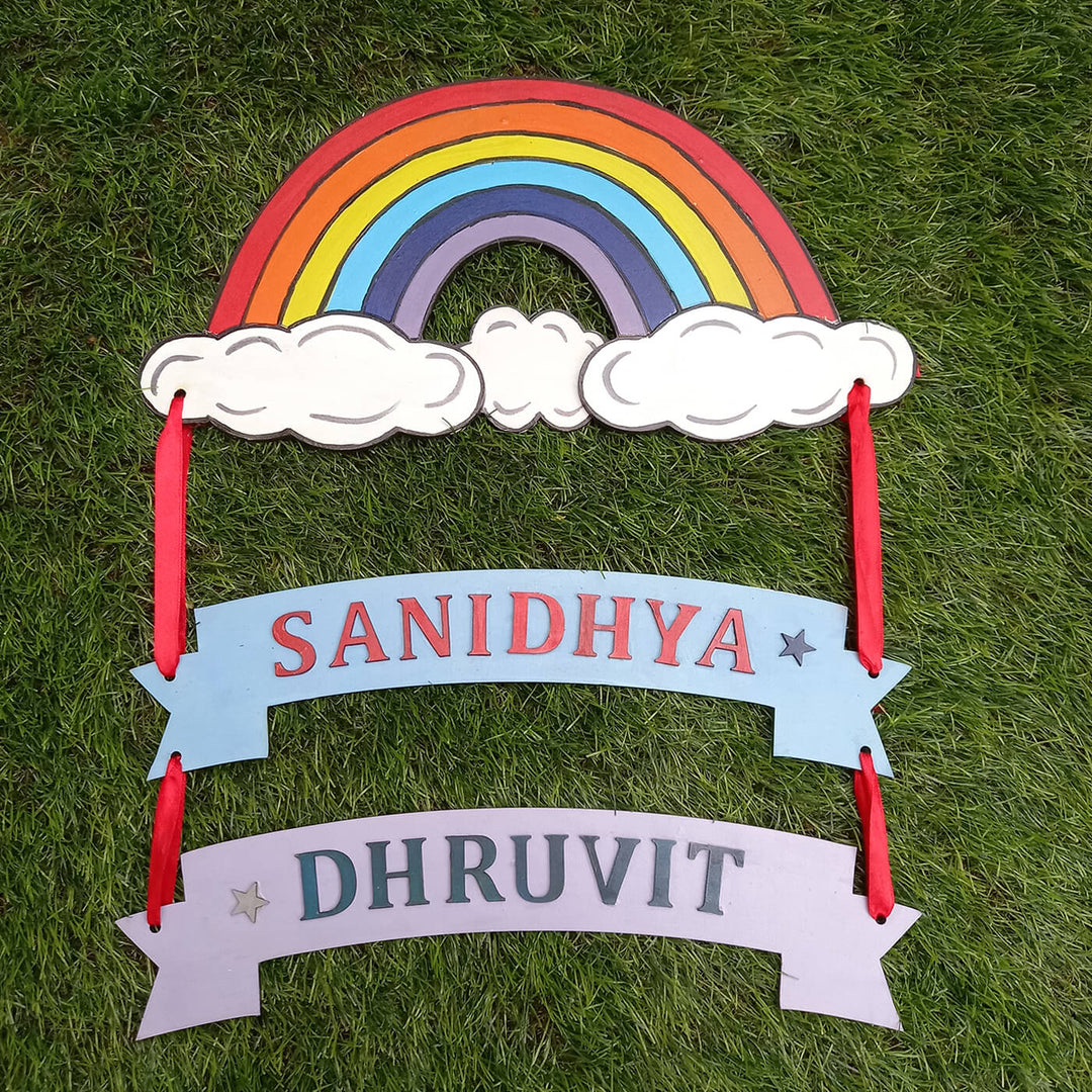 Rainbow Kids Siblings Name Plate - Name Personalization Example Hanging on Grass