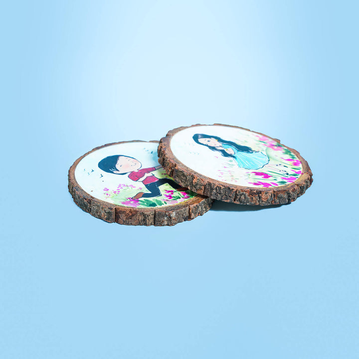Colourful Hand-painted Character Coasters For Tea Lover Couple - Set of 2