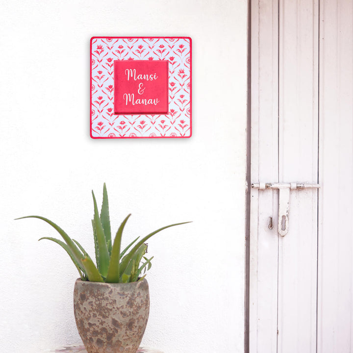 Modern Artistic Name Plate Red Monochrome Flowers - Mounted on Wall Near Door