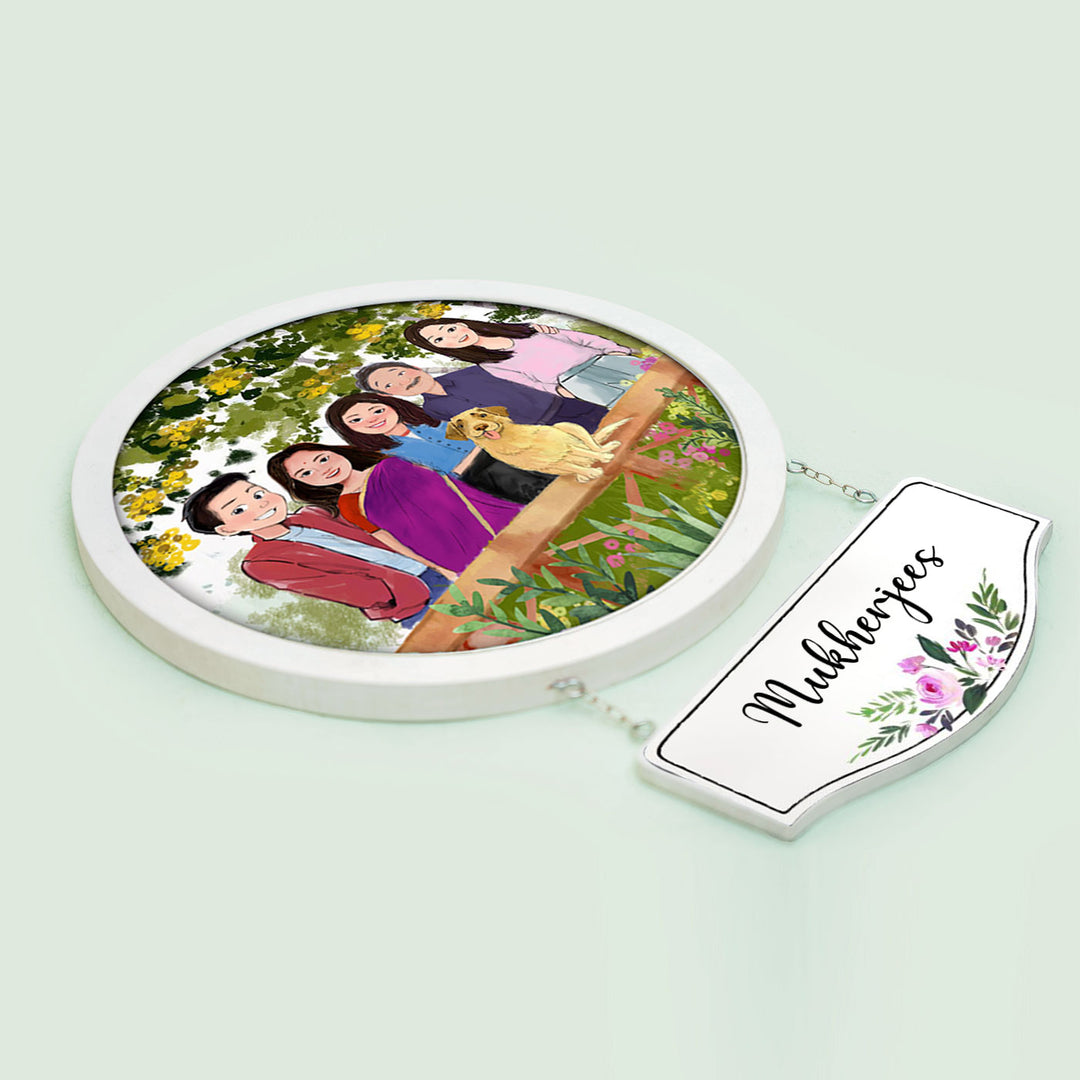 Photo Caricature Hanging Nameplate Small Family With Pets 1 - Angled View with Name Plate