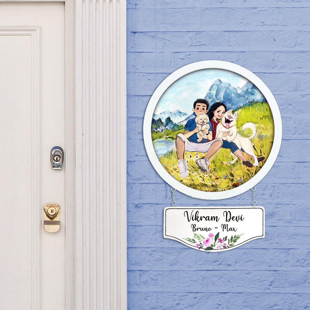 Photo Caricature Hanging Nameplate Couples With Pets 3 - Mounted on Exterior Wall with Nameplate