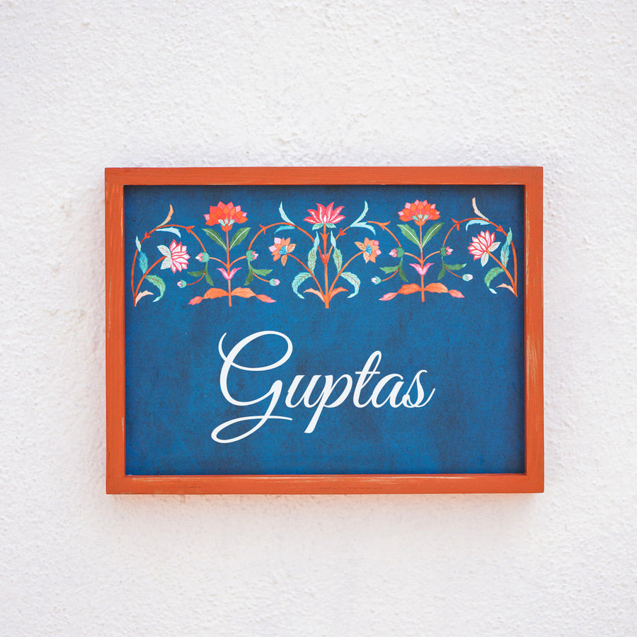 Handcrafted Framed Name Plate Pink Green Veli - Front View Mounted on Wall
