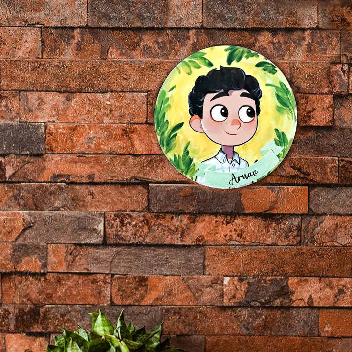 Photo Caricature Nameplate With Stand For Kids 16 - Mounted on Brick Wall Front View