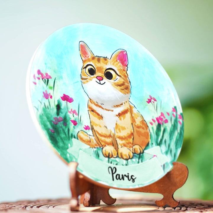 Photo Caricature Nameplate With Stand For Pets 5 - Front View on Stand with Name Personalization