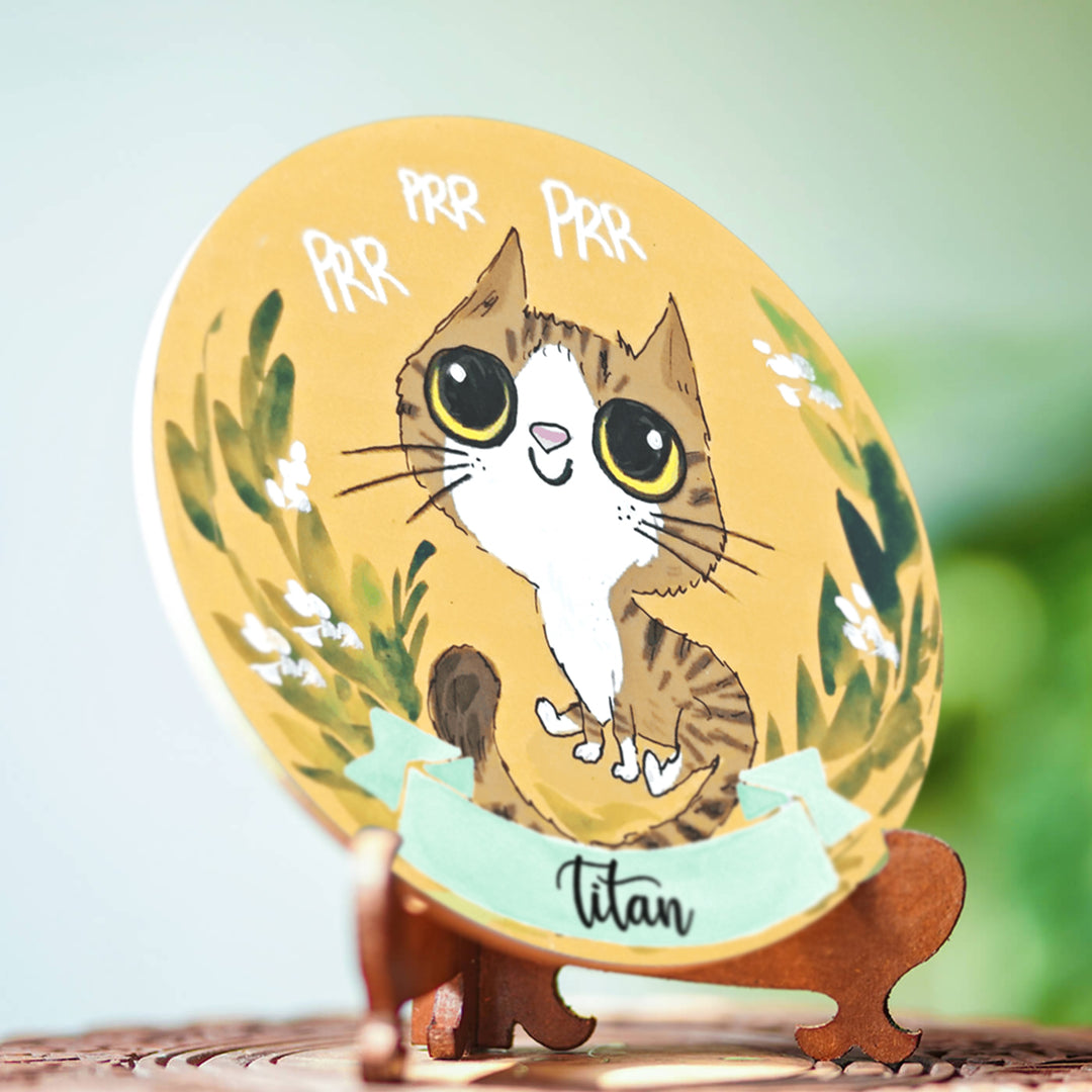 Photo Caricature Nameplate With Stand For Pets 1 - Angled Front View on Stand