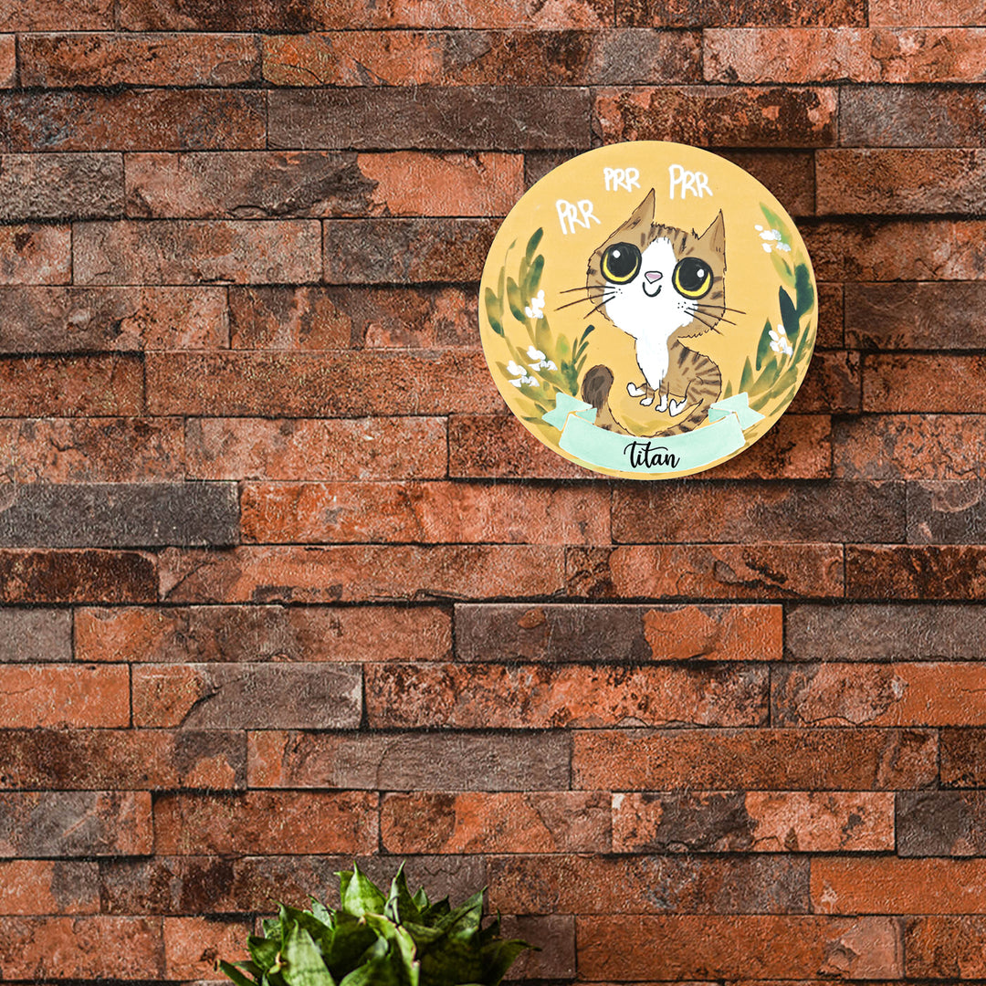 Photo Caricature Nameplate With Stand For Pets 1 - Mounted on Brick Wall with Personalization