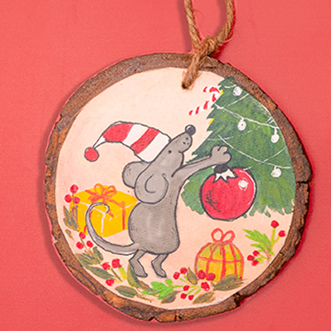 Hand-Painted Cat & Mouse Wooden Bark Ornaments For Christmas Tree Decoration | Set Of 2