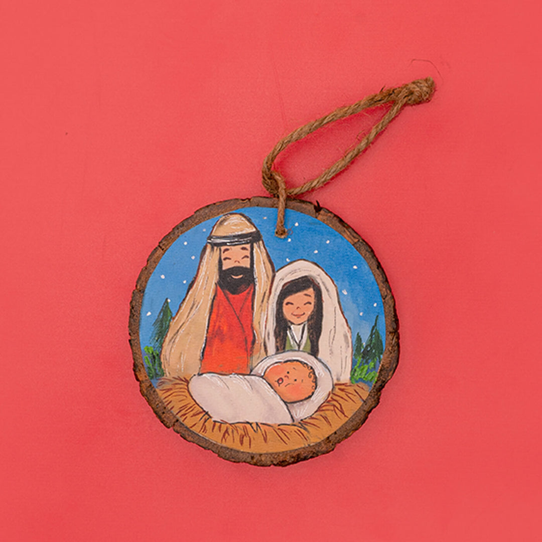 Hand-Painted Nativity Wooden Bark Ornament For Christmas Tree Decoration