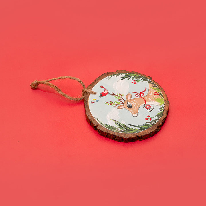 Hand-Painted Deer & Bird Wooden Bark Ornament For Christmas Tree Decoration