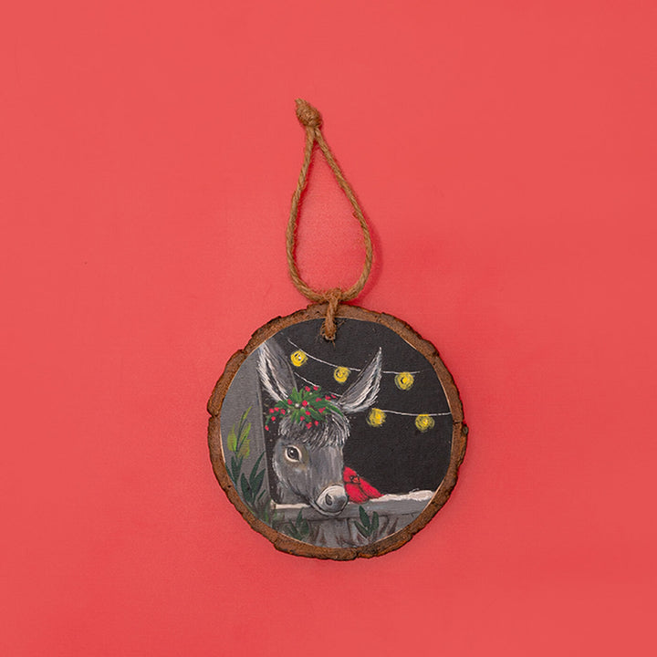 Hand-Painted Grey Horse Wooden Bark Ornament For Christmas Tree Decoration