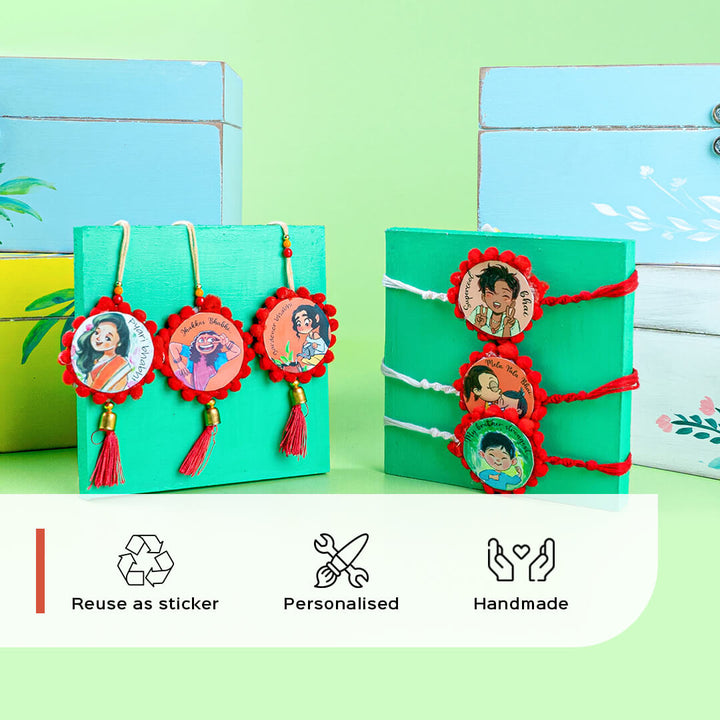 Character Illustration Rakhi Supercool Bhai - Multiple bracelets and earrings display