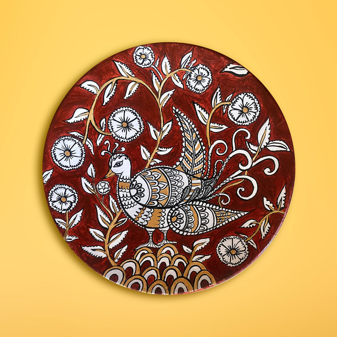 Red Kalamkari Peacock Wall Plate