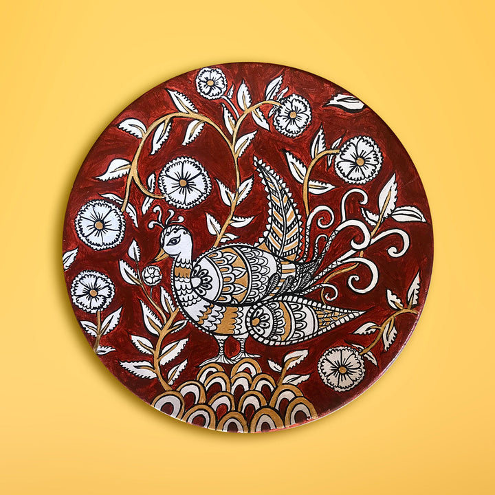 Red Kalamkari Peacock Wall Plate