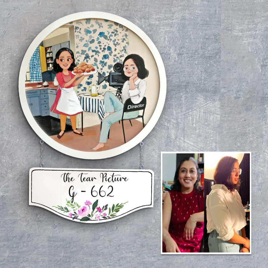 Photo Caricature Hanging Nameplate For Small Family 17 - Hanging Wall Art with Nameplate