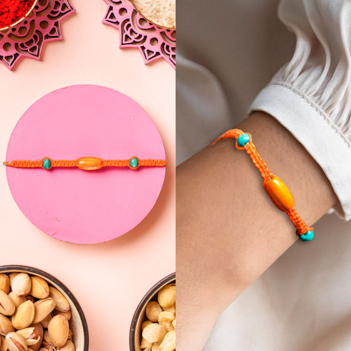 Orange Teal Rakhi With Beads Set Of 3 - Bracelet Wristwear and Flat Lay