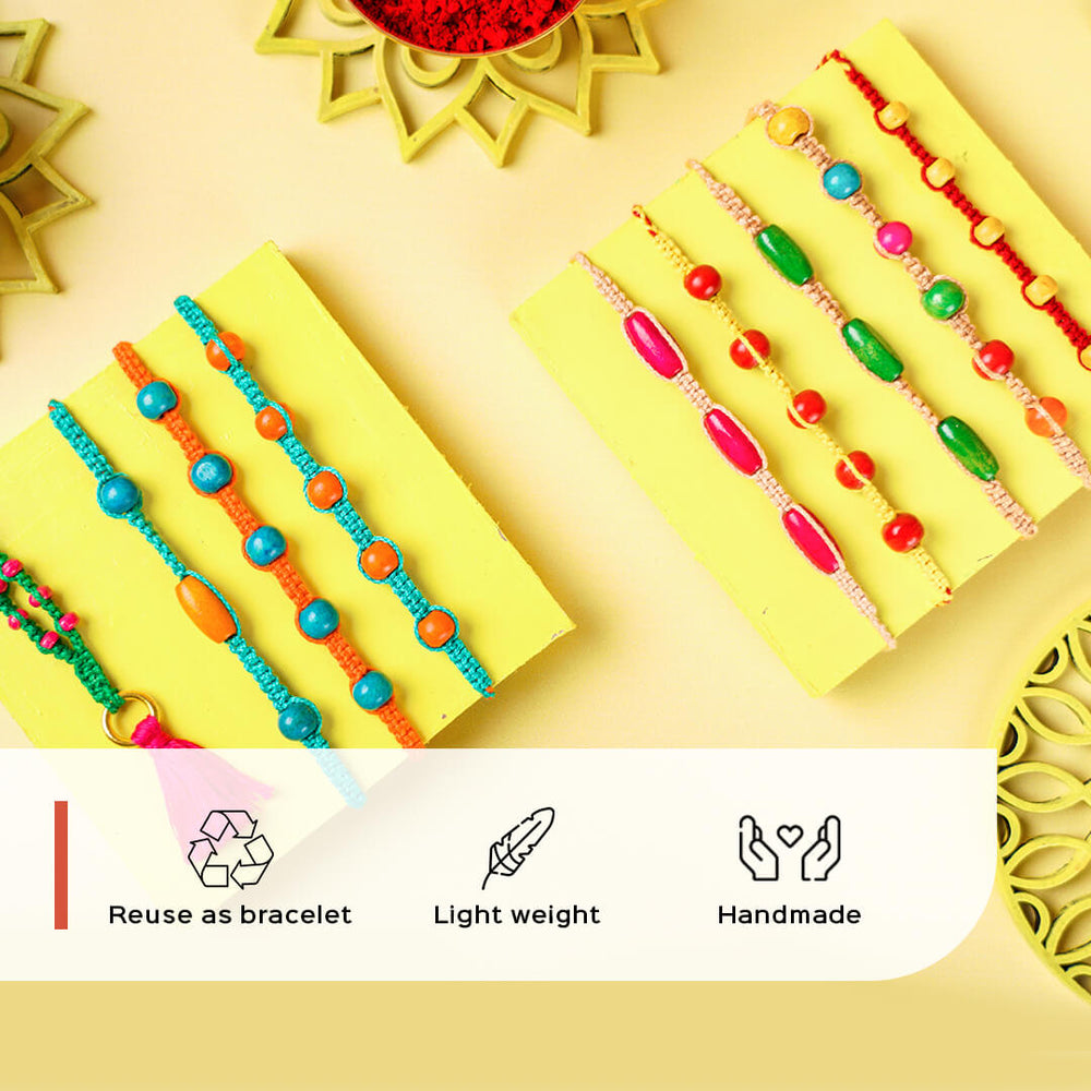 Green Macrame Cotton Rakhi With Pink Beads - Multiple Bracelets with Feature Icons