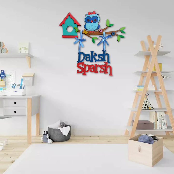 Cute Owl Kids Name Plate For Siblings - Mounted on Wall in Kids Room