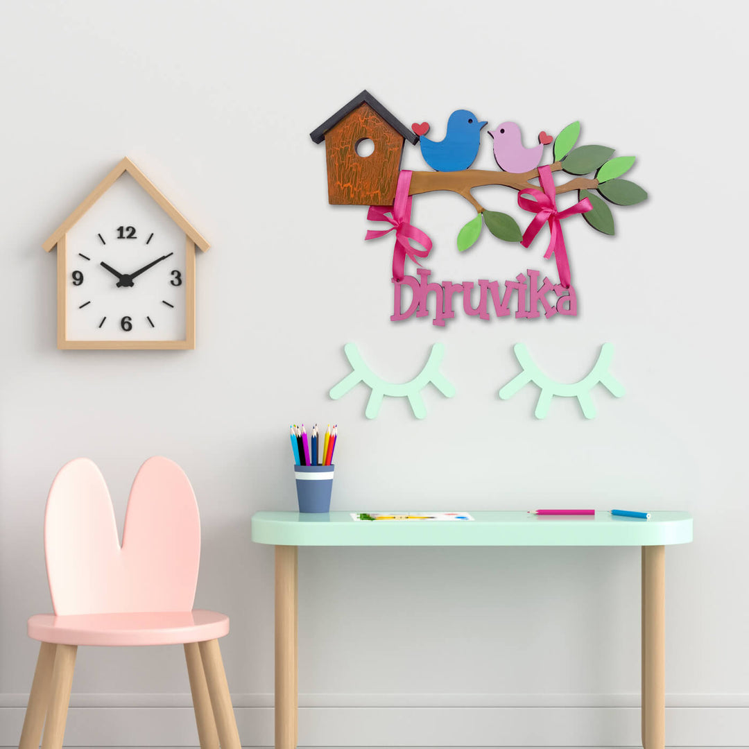 Little Birdie Kids Name Plate - Mounted on Wall Above Desk Setup