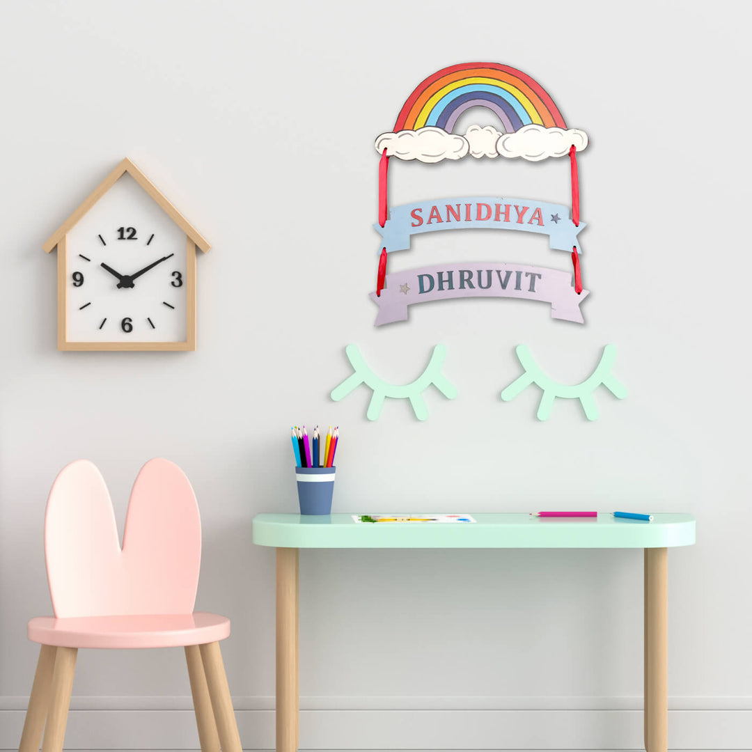 Rainbow Kids Siblings Name Plate - Mounted on Wall in Room Setting