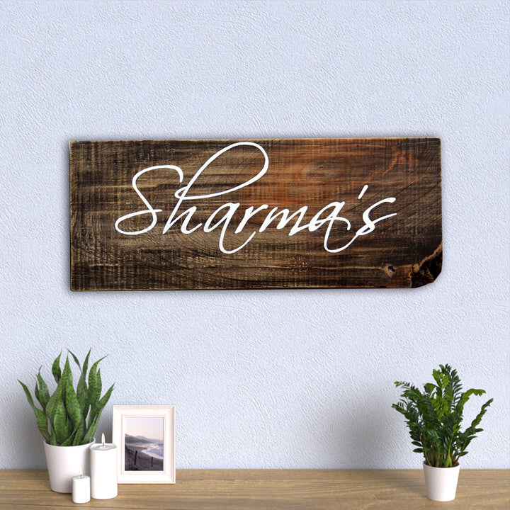 Rustic Wood Hand Painted Family Name Plate - Mounted on Wall Front View