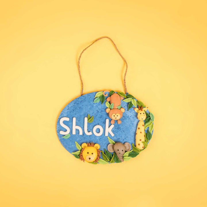 Jungle Theme Clay Kids Name Plate - Front View Hanging on Rope