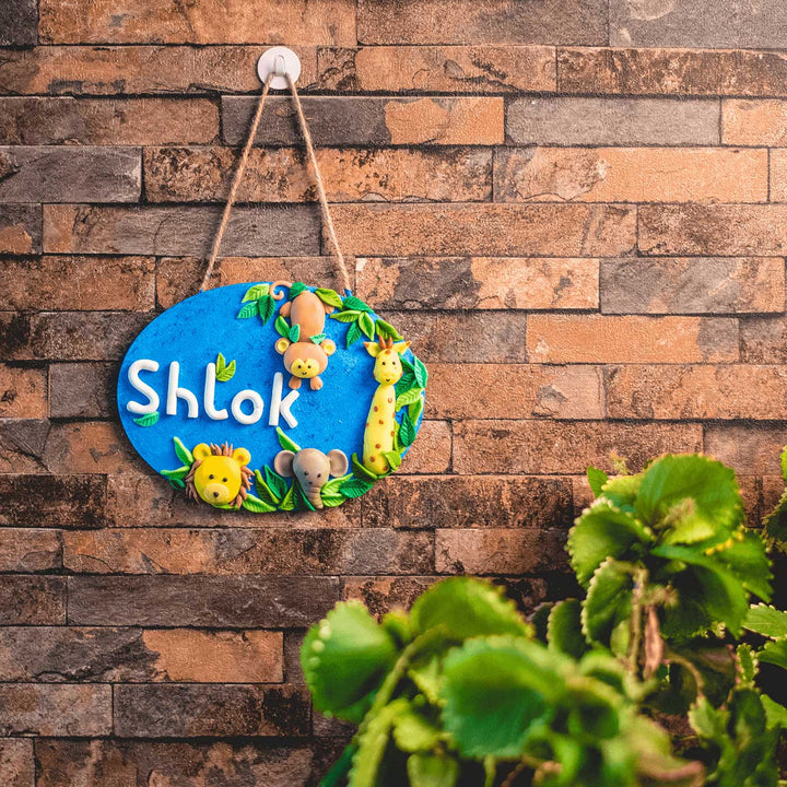 Jungle Theme Clay Kids Name Plate - Hanging on Hook with Rope