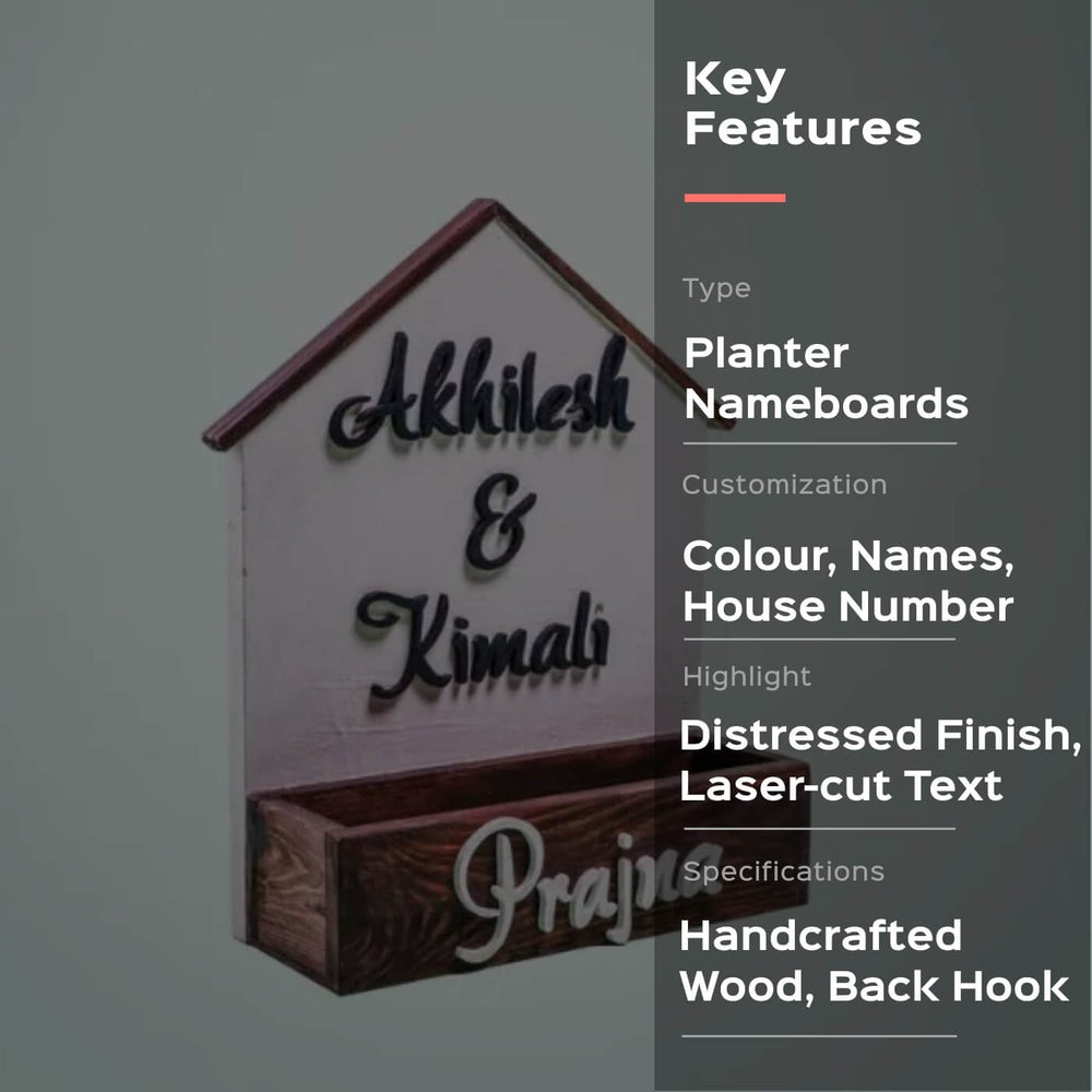 House Shaped Planter Name Plate Three Names - Front Angled View Showing Planter