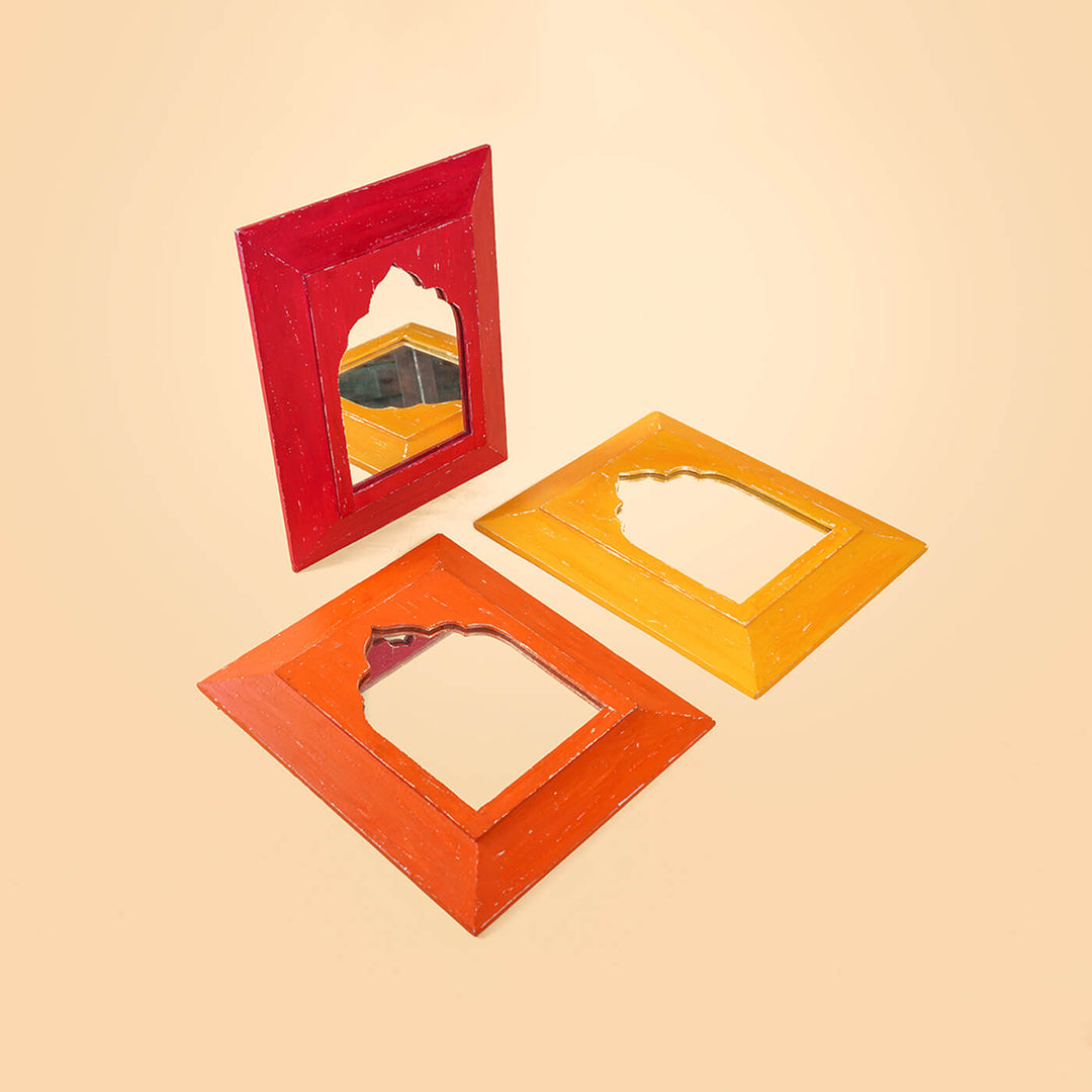 Set of 3 Vintage Small Mughal Mirrors - Red, Chrome Yellow & Orange (SB22, SB19 & SB14)