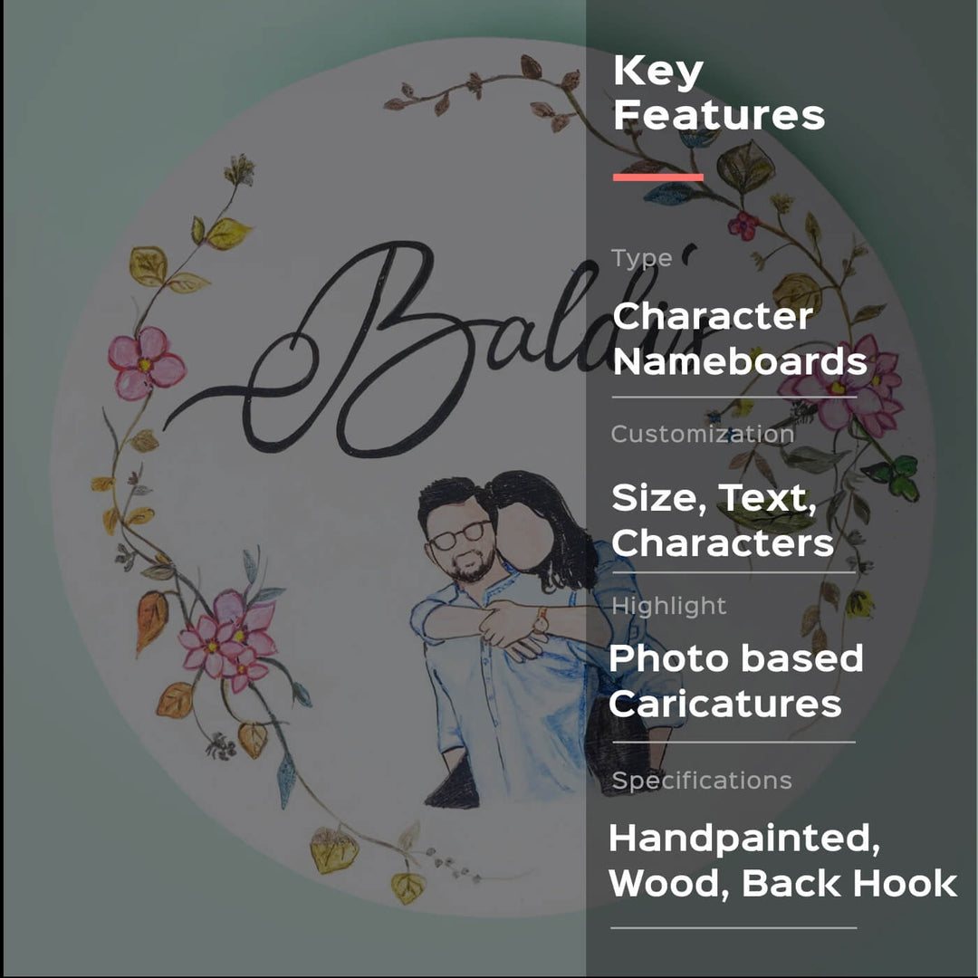 Personalized Character Name Plate For Couples - Front View with Text Overlay