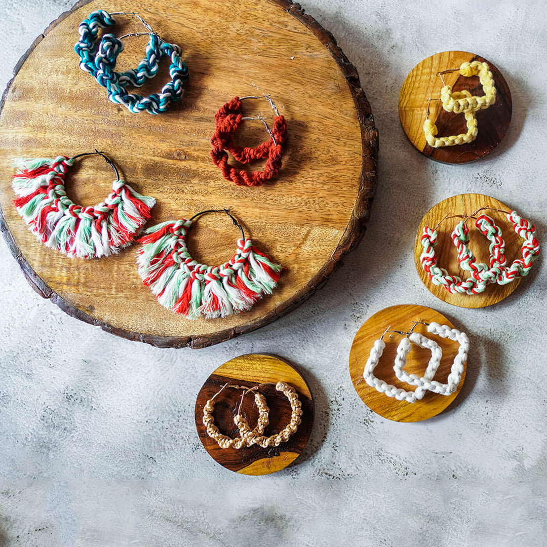 Shades of White and Red Macrame Hoop Earrings