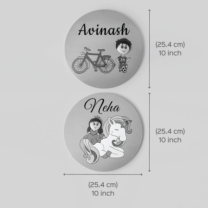 Handmade Clay Pebble Art Bicycle Theme Name Plate For Boys - Top View with Dimensions and Personalization
