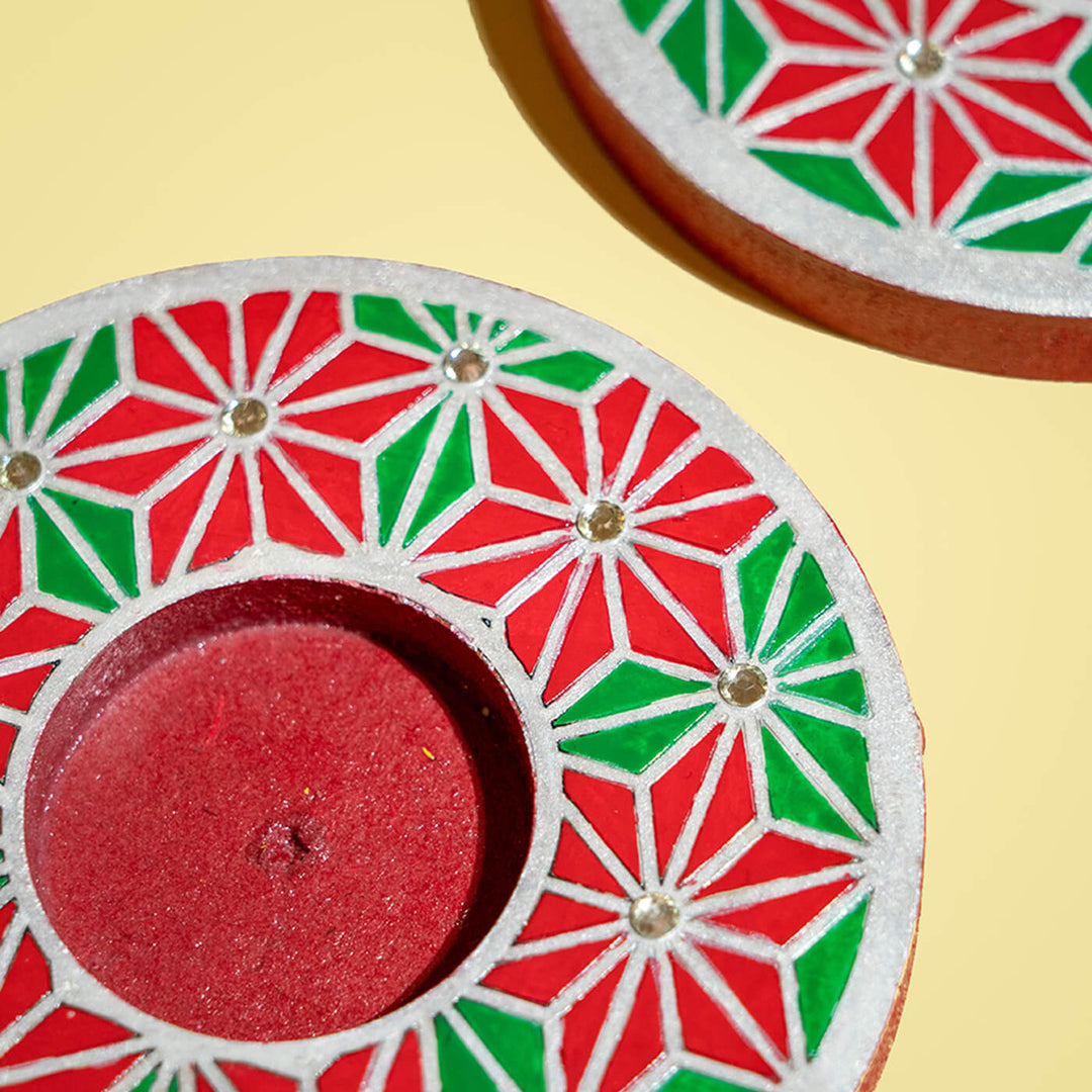 Hand-Painted Wooden Tealight Holders For Christmas Decoration | Set Of 2