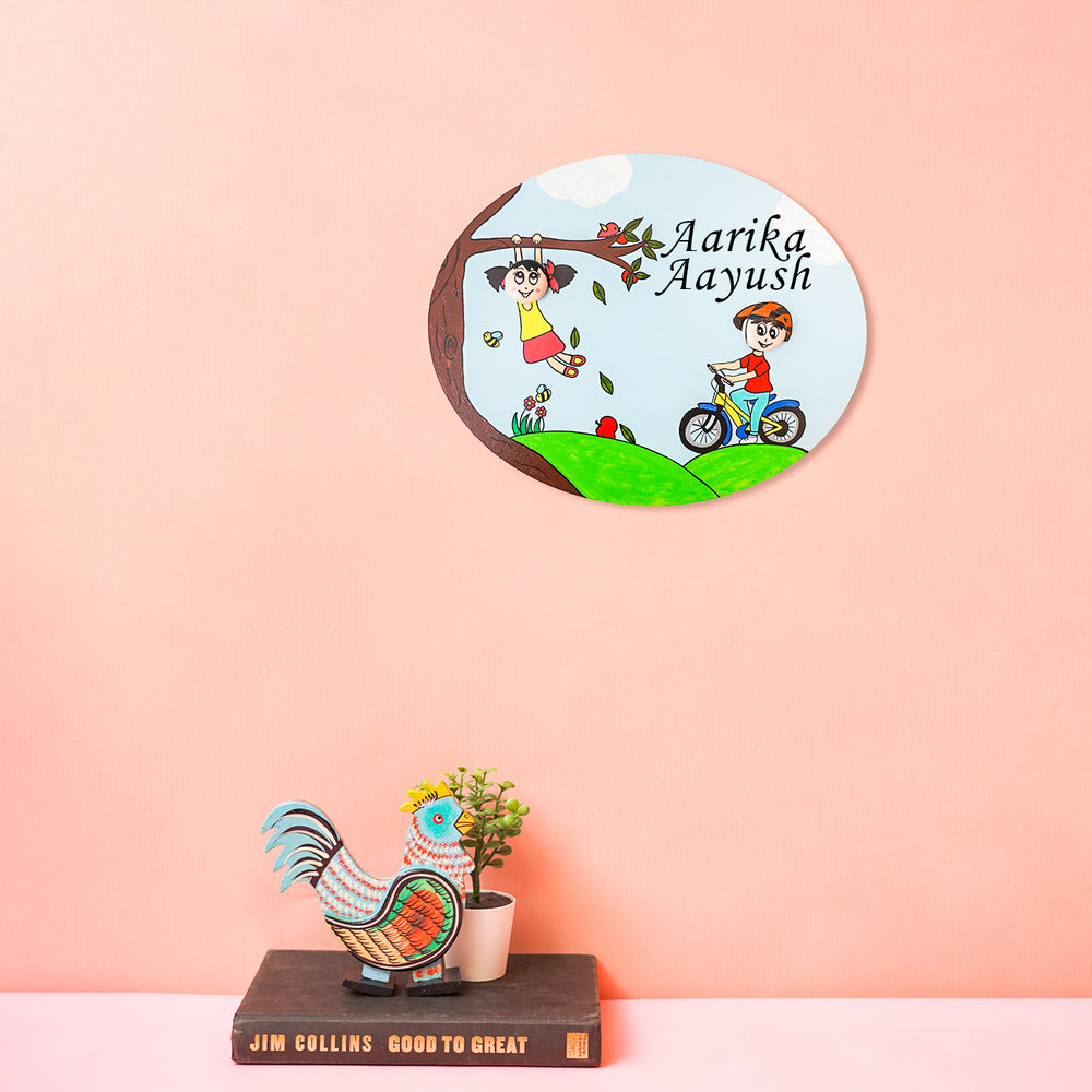 Handmade Clay Pebble Art Colourful Siblings Name Plate - Mounted on Wall with Illustration