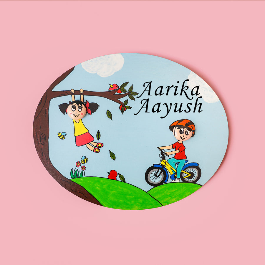Handmade Clay Pebble Art Colourful Siblings Name Plate - Front View with Name Personalization
