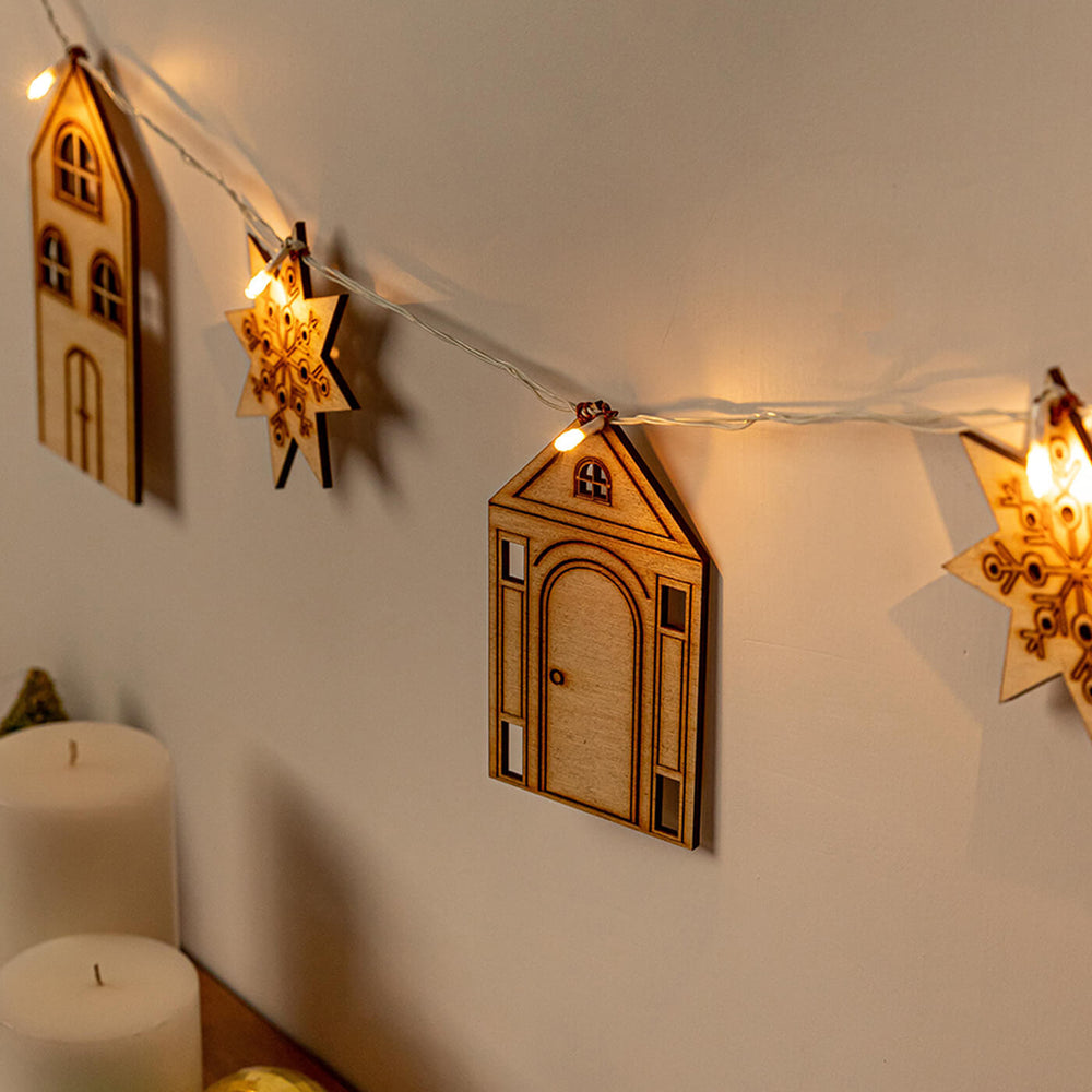 Sinora Christmas Bunting - Close-up of Hanging Wooden Ornaments