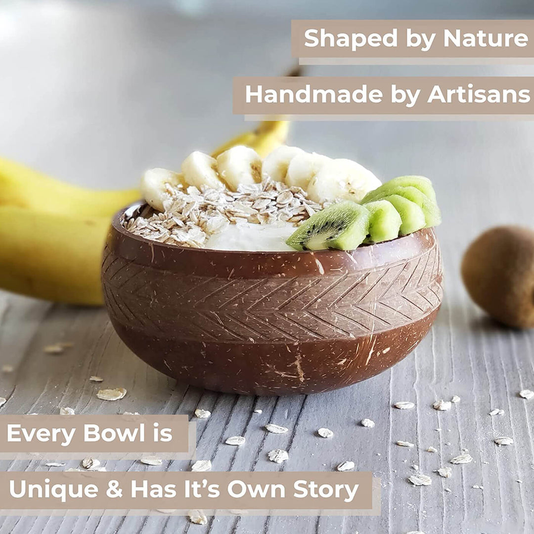 Coconut Shell Geometric Jumbo Bowl with Spoon and Fork