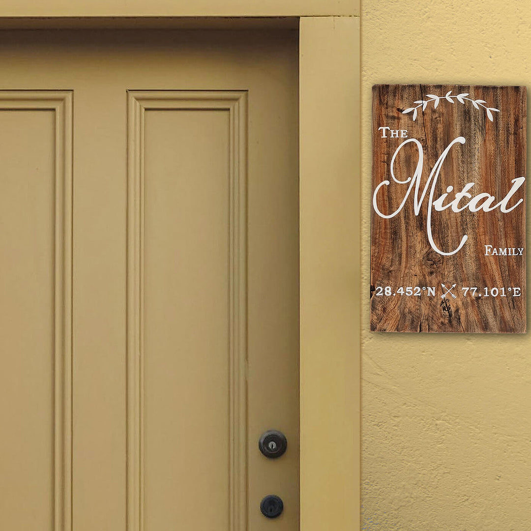 Rustic Wood Hand Painted Family Name Plate With Co Ordinates - Mounted on Exterior Wall Near Door
