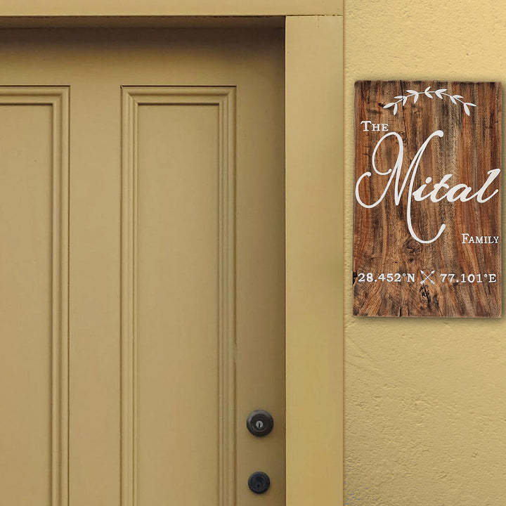 Rustic Wood Hand Painted Family Name Plate With Co Ordinates - Mounted on Exterior Wall Near Door