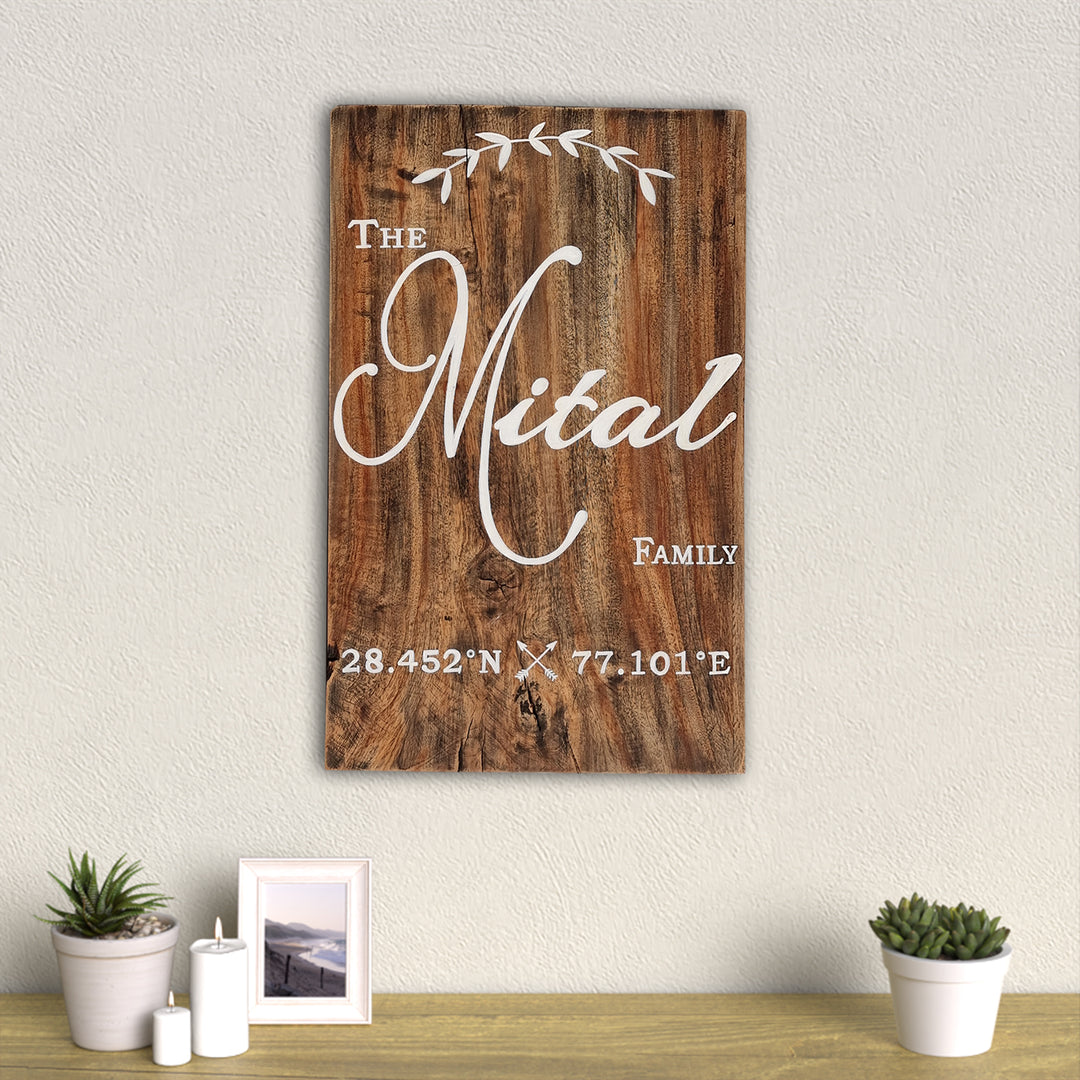 Rustic Wood Hand Painted Family Name Plate With Co Ordinates - Mounted on Wall Above Table Decor
