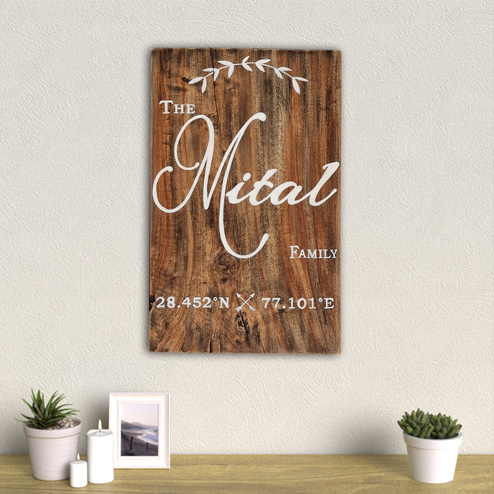 Rustic Wood Hand Painted Family Name Plate With Co Ordinates - Mounted on Wall Above Table Decor