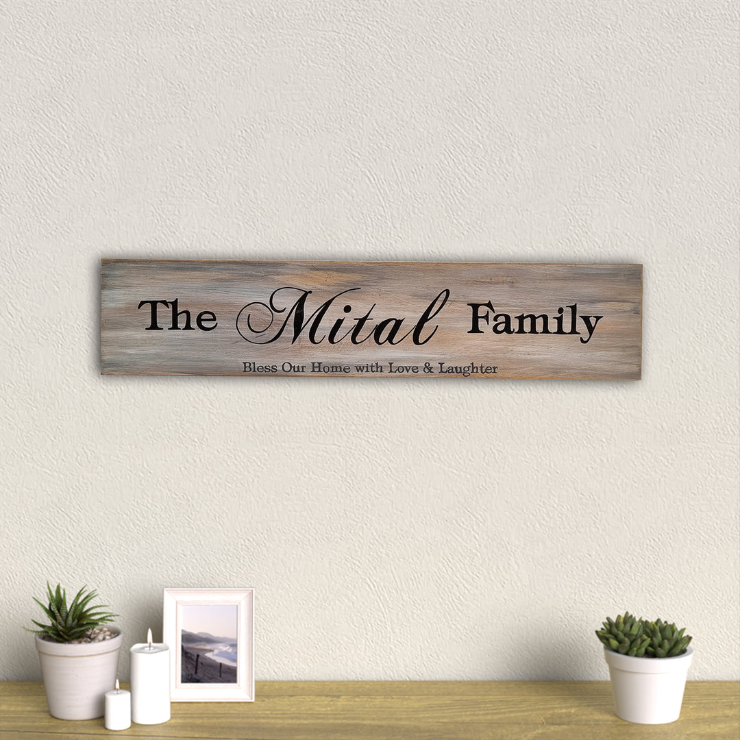 Wooden Hand Painted Family Name Plate With A Quote - Mounted on Wall Showing Text