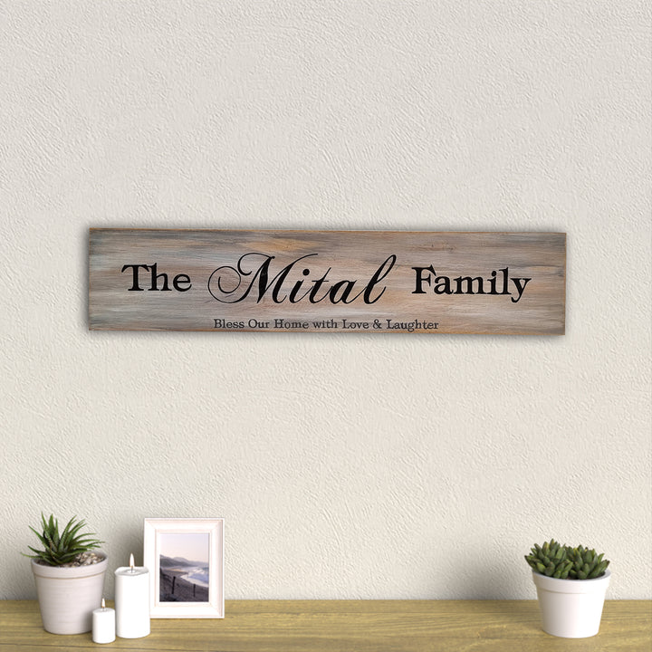 Wooden Hand Painted Family Name Plate With A Quote - Mounted on Wall Showing Text
