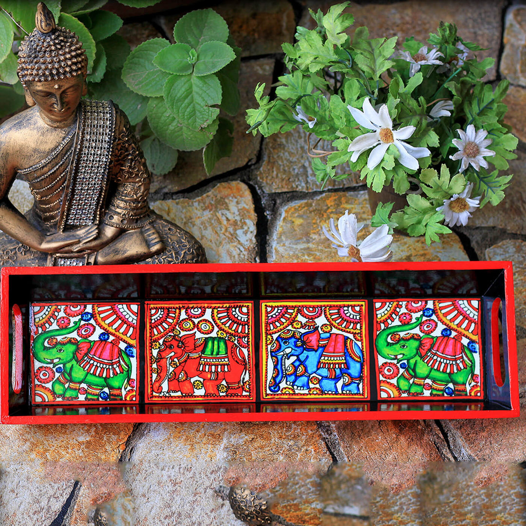 Ethnic Decoupage Tholu Colourful Elephant MDF Tray - Narrow