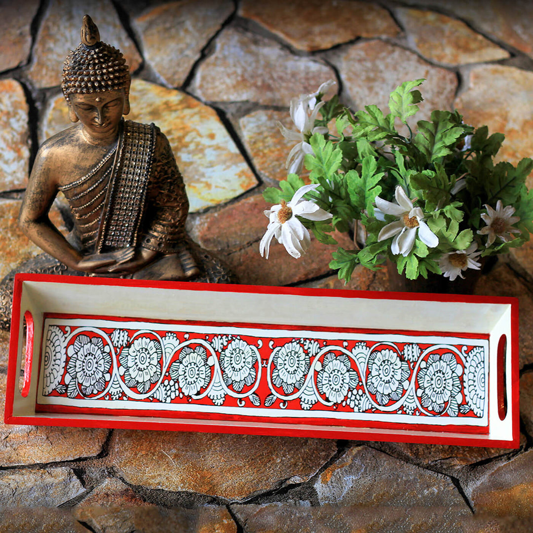 Ethnic Decoupage Tholu Red Flower MDF Tray - Narrow