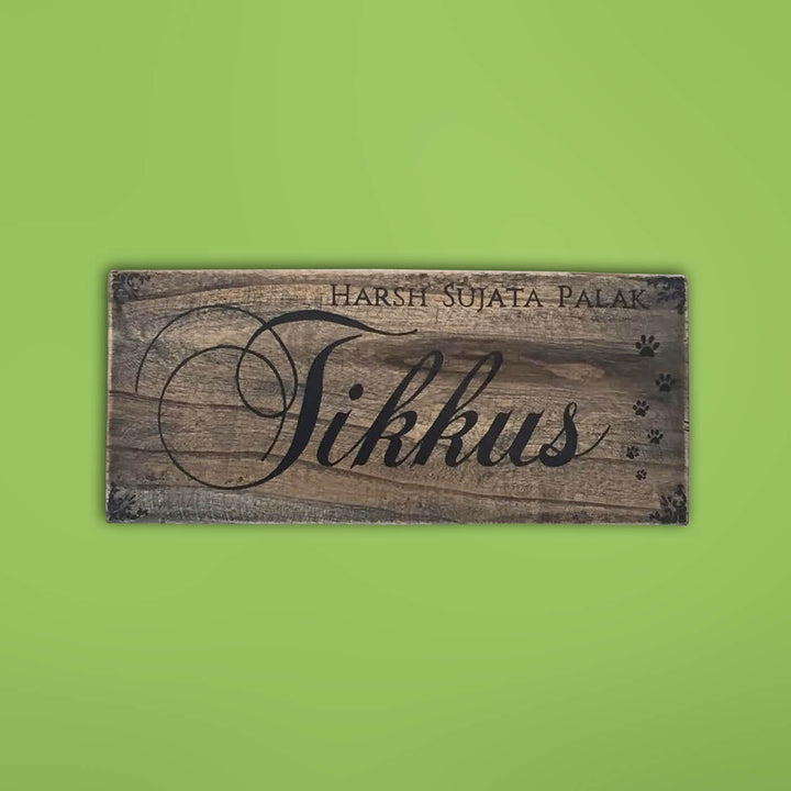 Rustic Wood Hand Painted Couple Name Plate With Paw Marks - Front View with Name Personalization