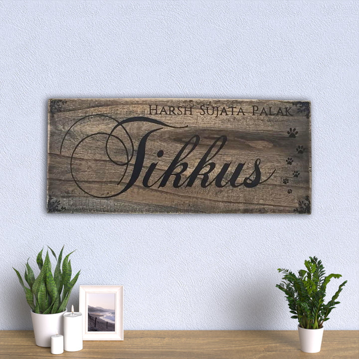 Rustic Wood Hand Painted Couple Name Plate With Paw Marks - Mounted on Wall Display