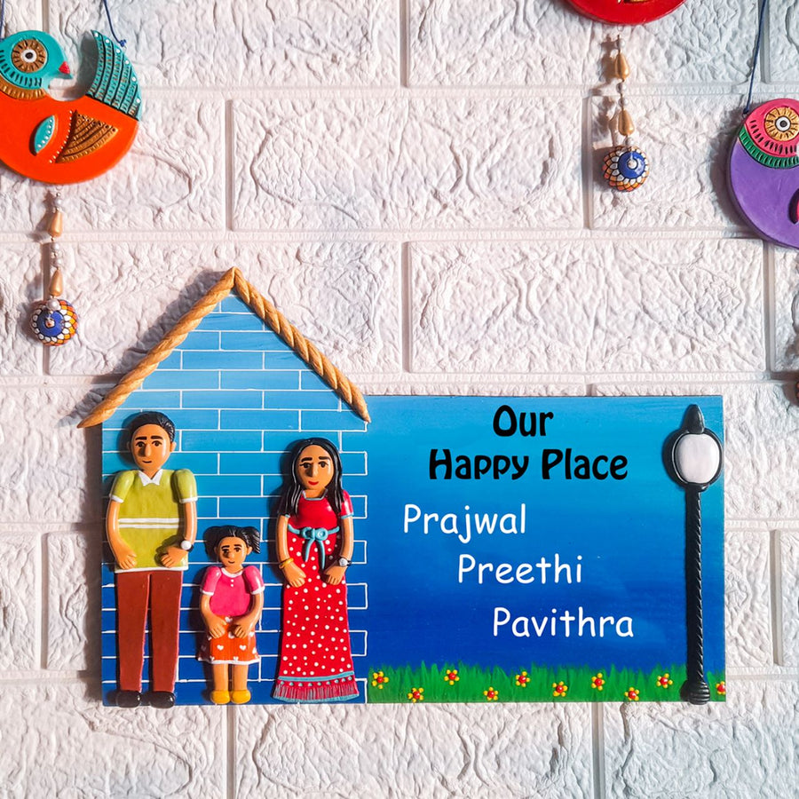 Handmade House Shaped Family Name Plate With Personalised Clay Figures 1 - Mounted on Wall with Family Personalization