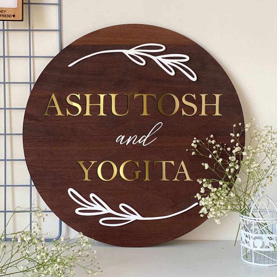 Personalised Wooden Floral Name Plate For Couples - Front View with Personalization Example