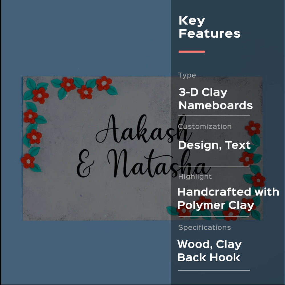 Clay Name Plate For Couples Red Green Florals - Front View with Text Personalization