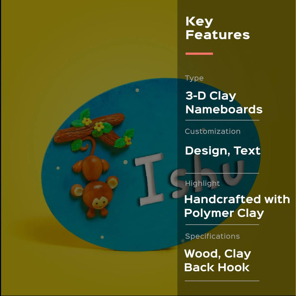 Clay Name Plate For Kids Monkey - Front View on Yellow Background